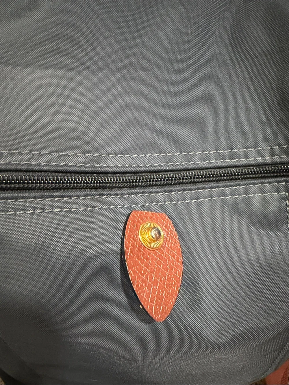 Long champ grey book bag with Brown Leather Trim